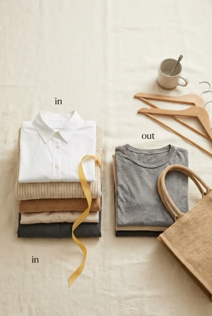 One-in-one-out rule flat lay, white shirt entering and a folded tee leaving a neutral capsule.