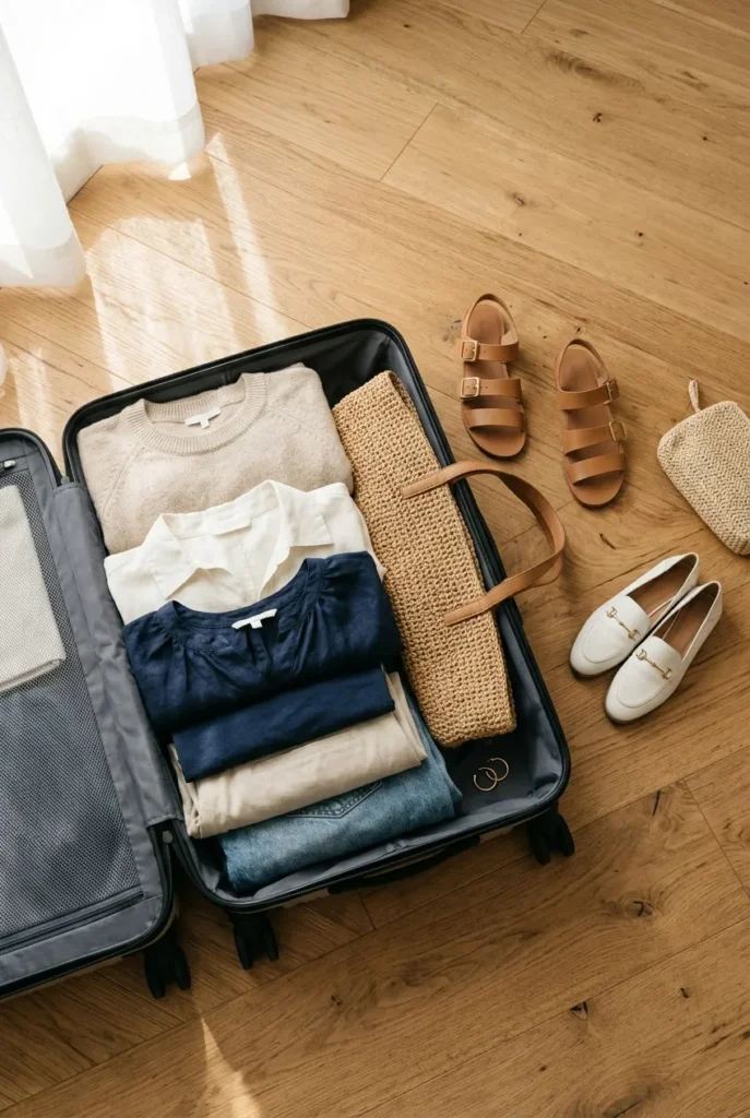 Open carry-on suitcase packed with neutral capsule wardrobe pieces and sandals on hardwood floor, overhead view