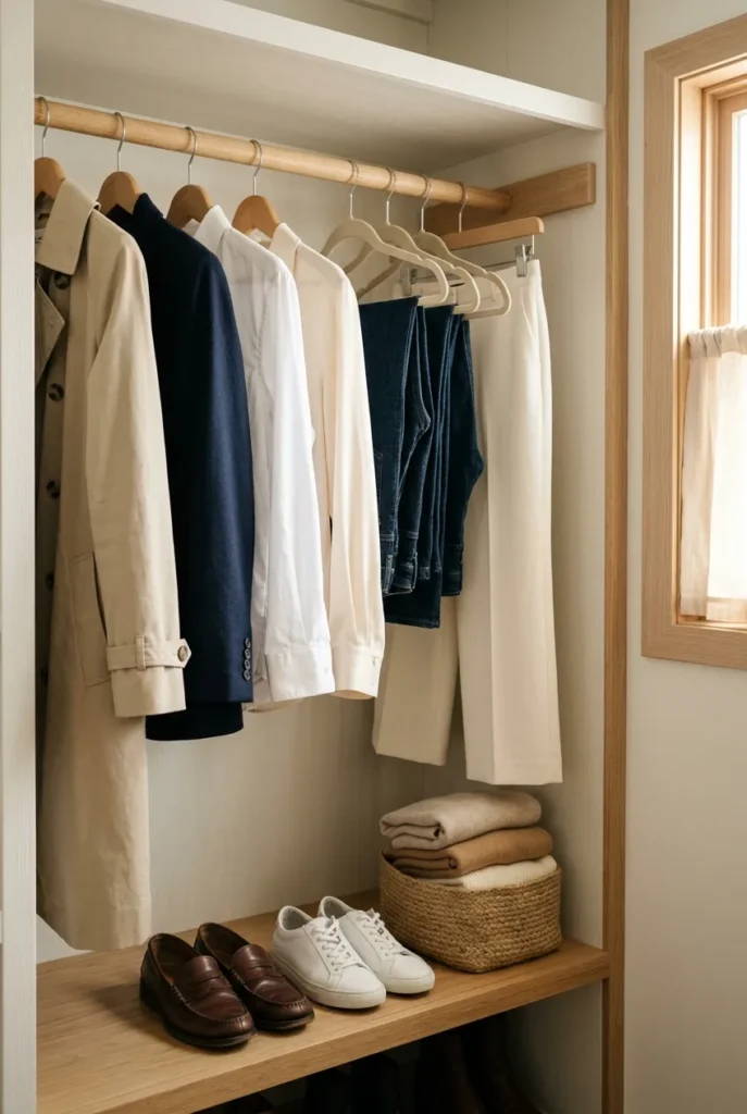 Organized capsule wardrobe closet for women over 40 with neutral hanging pieces