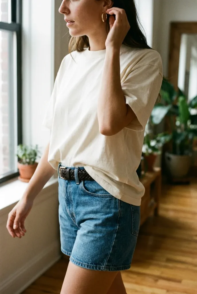 Oversized cream tee styled with a front tuck, summer streetwear top idea