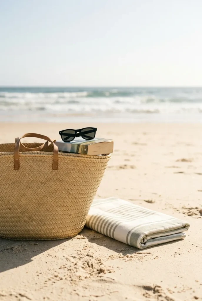 Oversized straw beach tote on sand with striped towel and sunglasses for summer 2026.