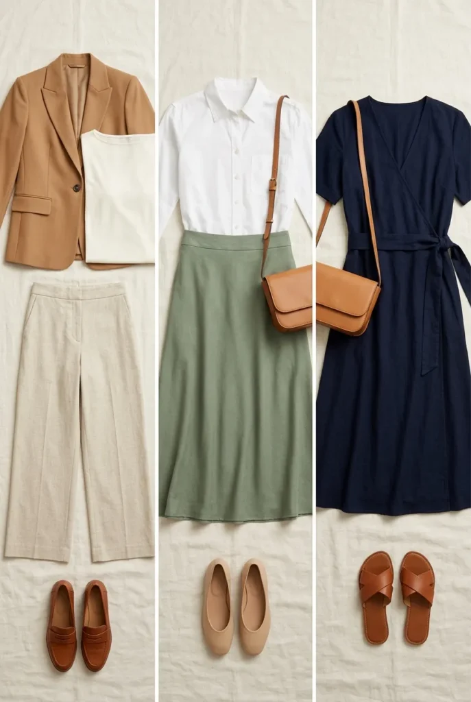 Pear body shape outfit formulas flat lay three capsule-approved outfits in neutrals from the 12-piece pear shape wardrobe