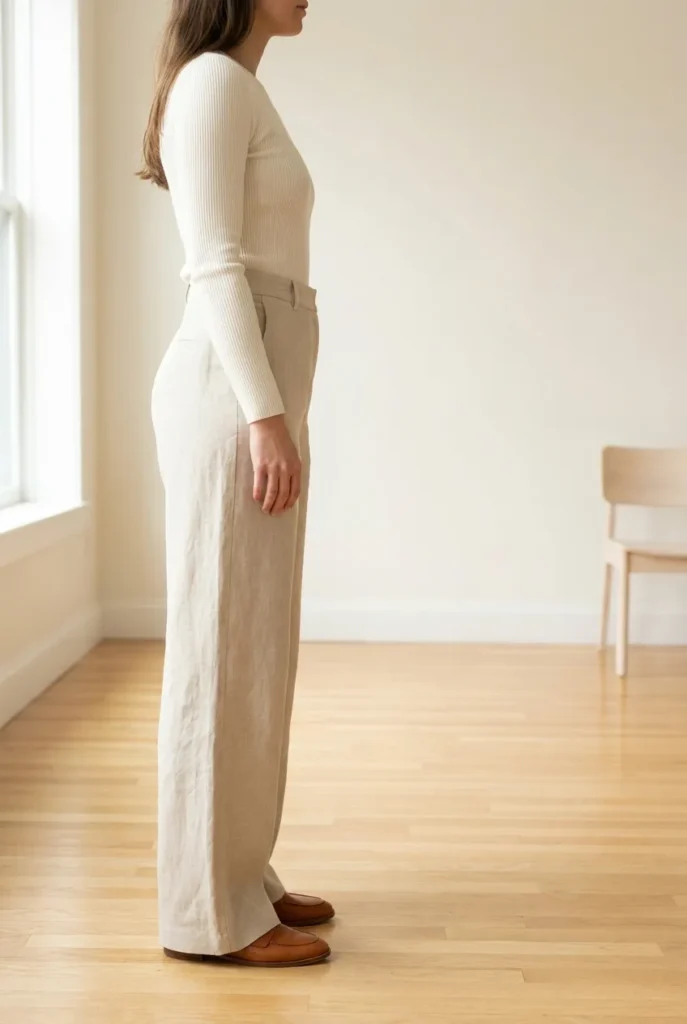 A full-length side-angle editorial shot of a woman standing on a hardwood floor in a minimal ivory room. She wears a fitted ivory top tucked into wide-leg oat linen trousers, facing slightly away from the camera so the side silhouette is visible, showing natural waist definition and hip proportion. Side window light from the left creates a clean soft shadow. One cognac loafer is visible at the hem. No face shown. The figure is placed at the left third of the frame with generous negative space to the right. No clothing logos. Photo-realistic, Sezane lookbook quality.