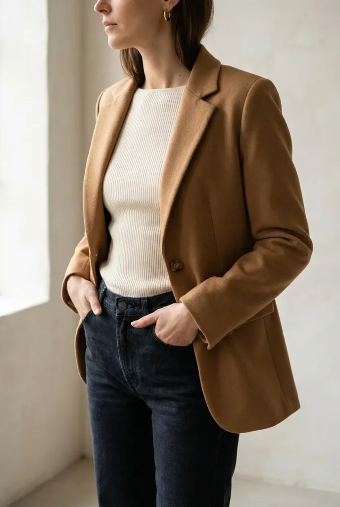 Pear shape 3-to-1 proportion rule outfit camel blazer over cream boat-neck top tucked into dark-wash straight-leg jeans