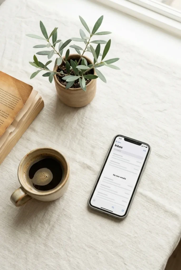 Phone showing a clean inbox beside coffee, unsubscribing from sale emails to stop impulse shopping online