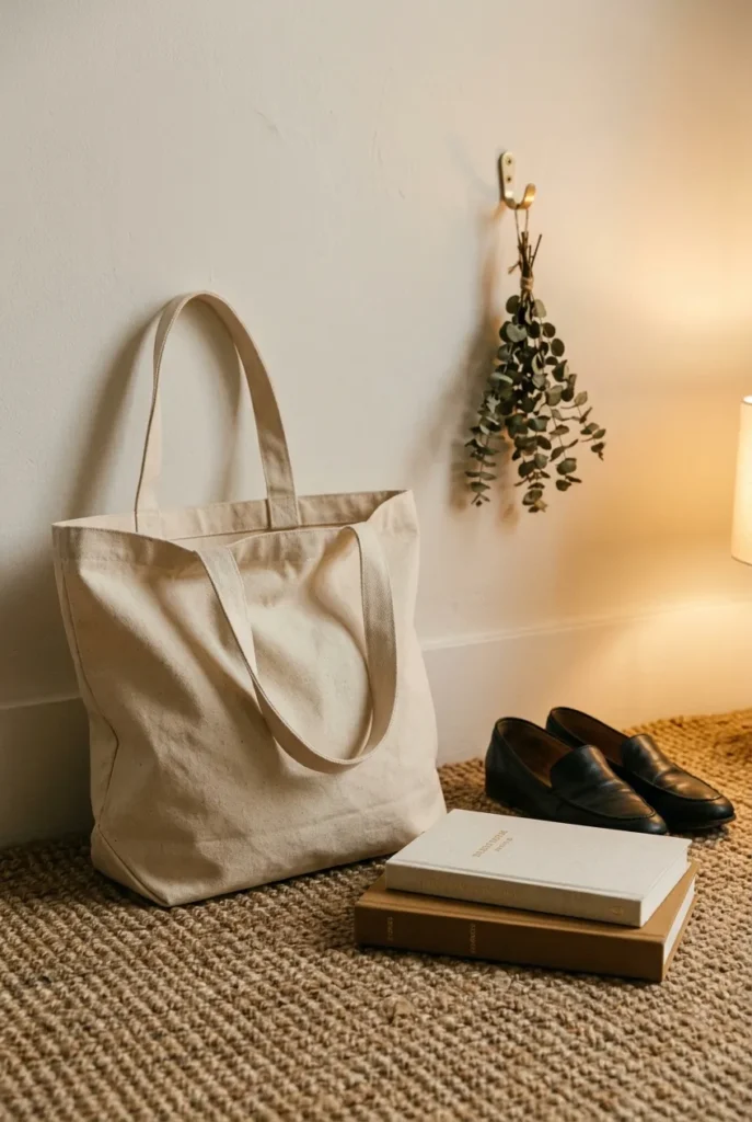 Plain canvas tote styled to look expensive with loafers and books on a jute rug.