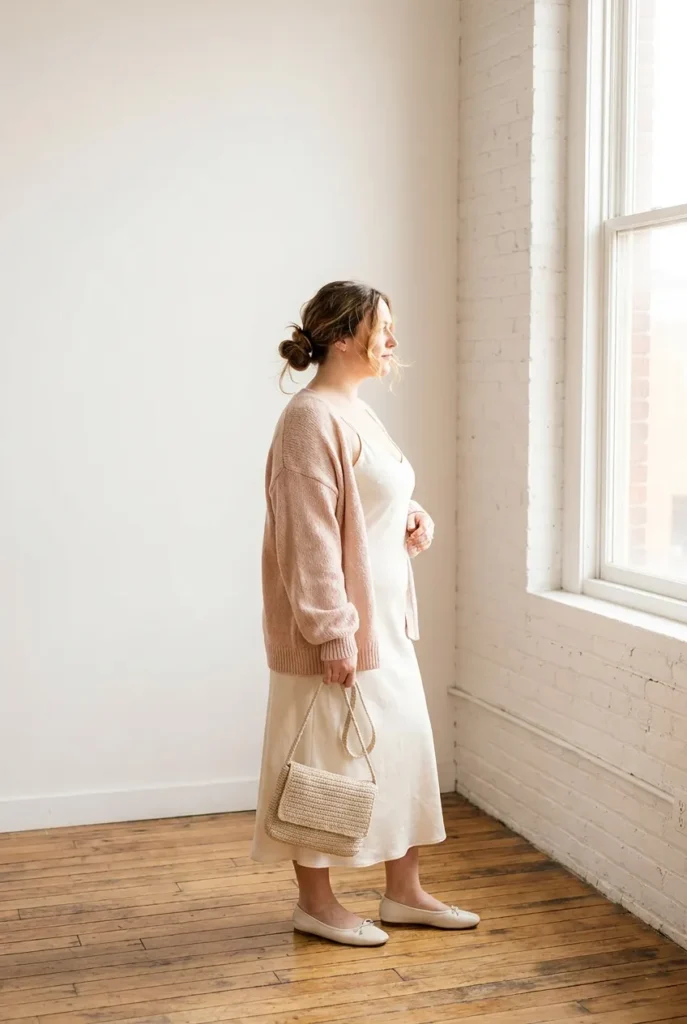 Plus-size soft girl aesthetic outfit with ivory midi slip dress, open blush cardigan, and ballet flats on hardwood loft floor