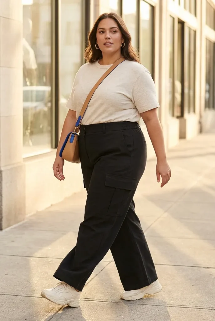 Plus size summer streetwear with tucked tee and wide-leg cargo pants