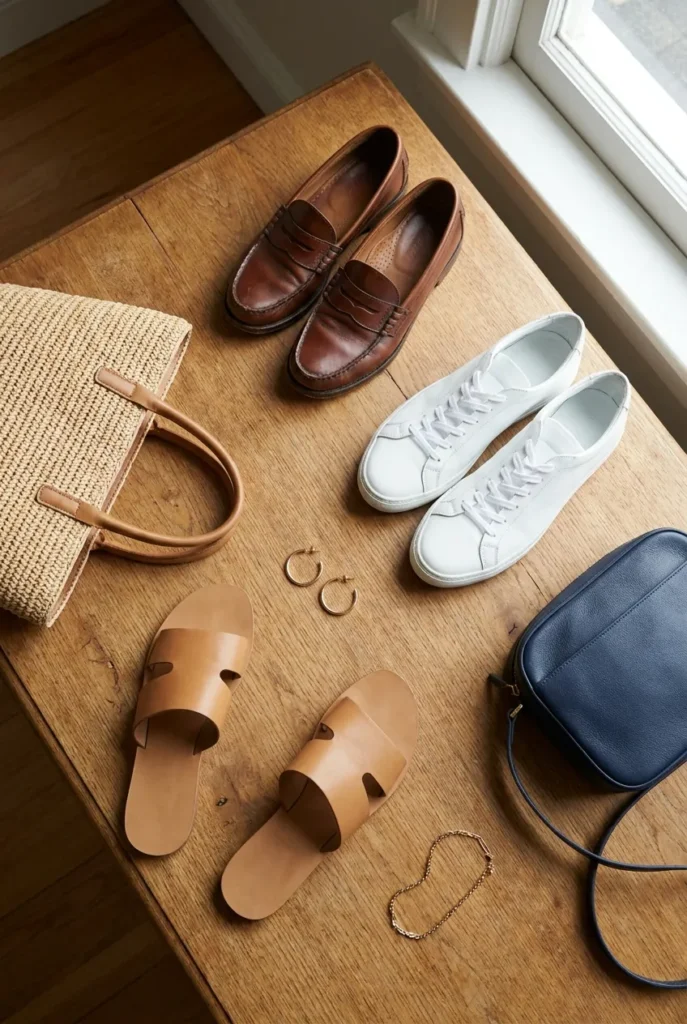 Preppy accessories flat-lay with loafers, sneakers, raffia tote, and gold hoops.