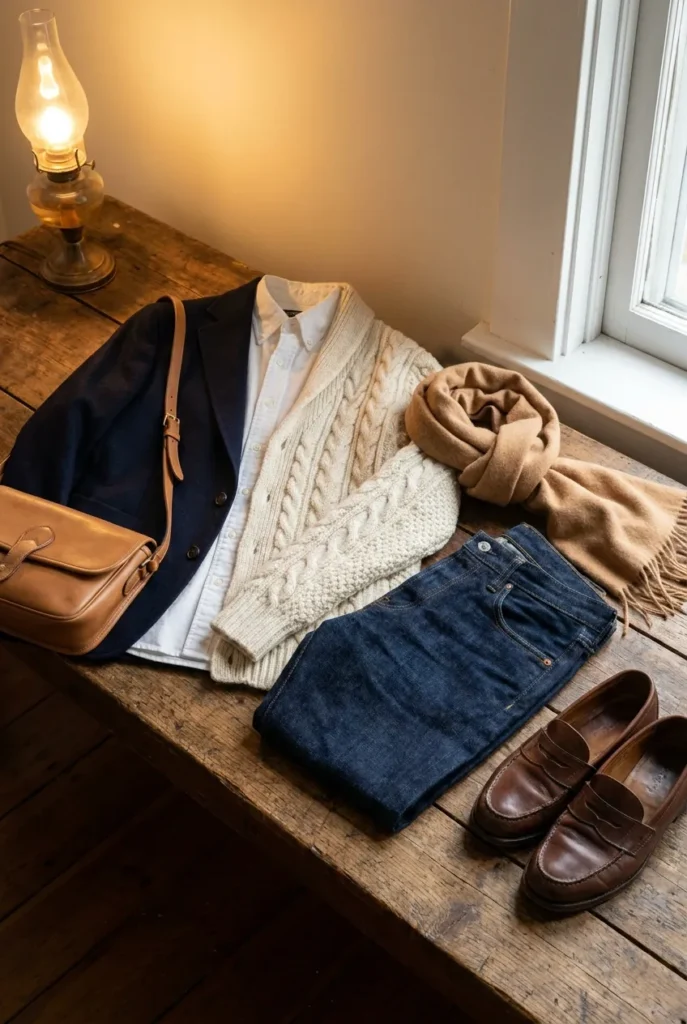 Preppy fall transition outfit with blazer, cardigan, jeans, and loafers layered.