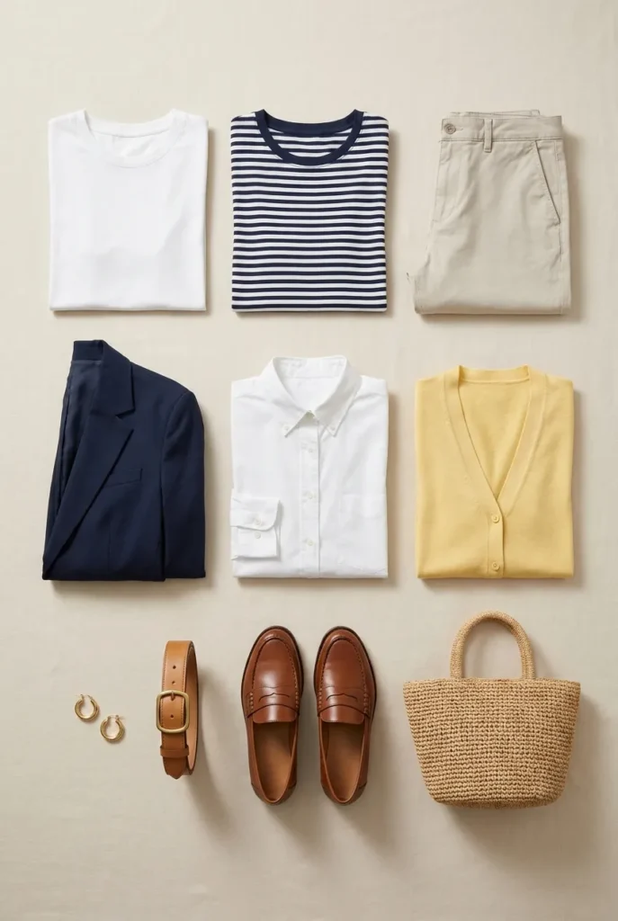 Preppy outfit formula flat-lay showing base, polish, and signal layers for summer.