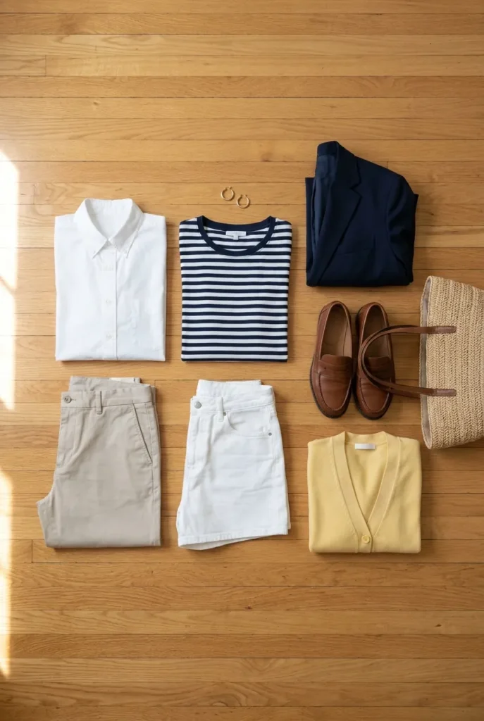 Preppy summer capsule wardrobe flat-lay with navy blazer, white button-down, and loafers.