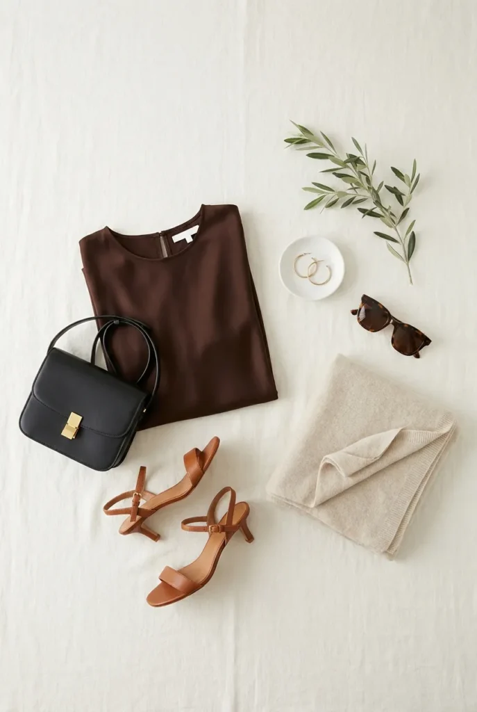 Quiet luxury wedding guest outfit flat-lay with silk midi, kitten heel sandals, leather bag and gold hoops.