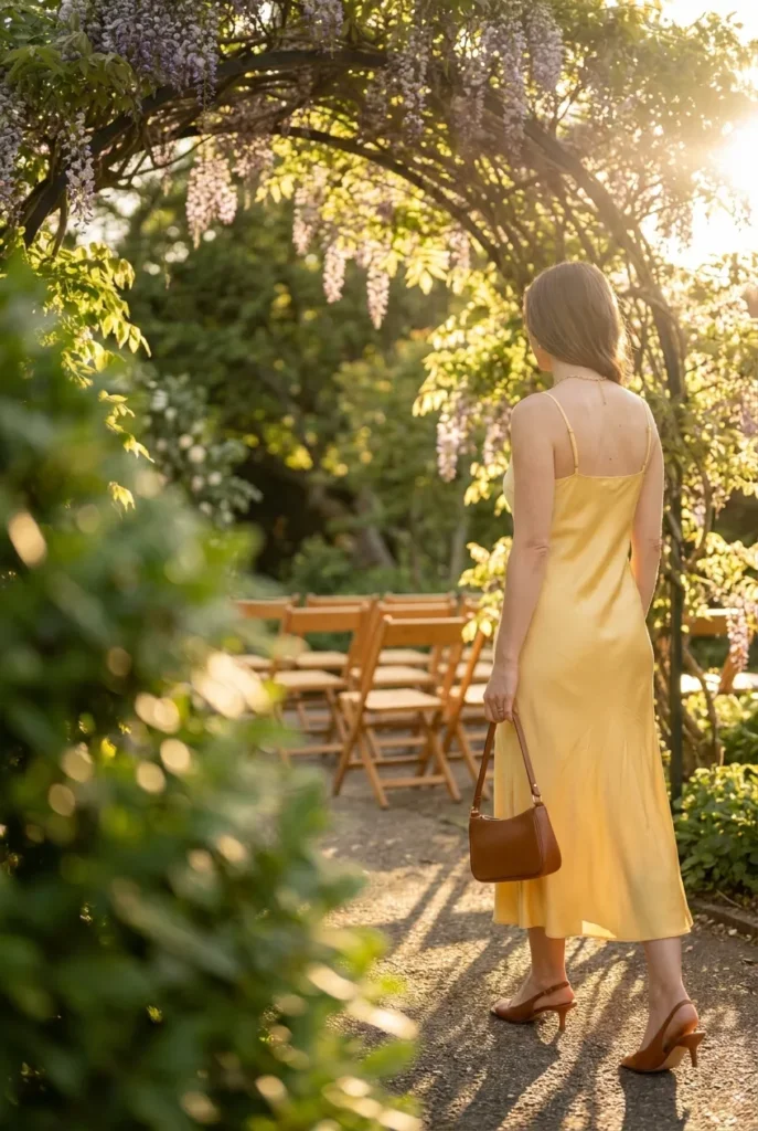Quiet luxury wedding guest outfit summer 2026, butter yellow silk slip dress and cognac sandals in a garden.