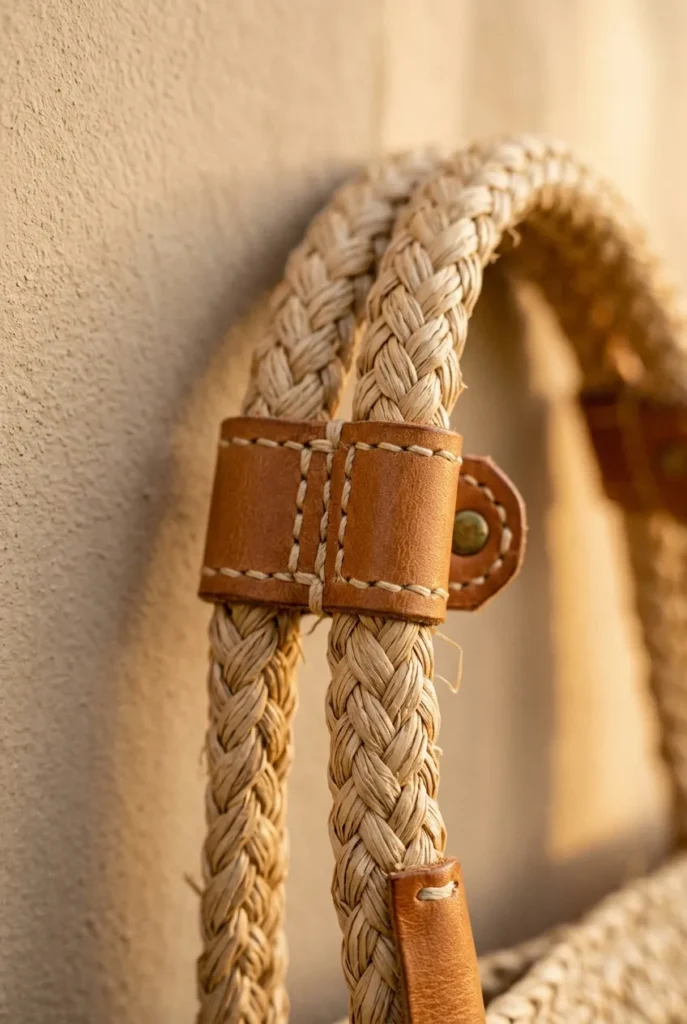 Raffia summer tote handle detail showing woven texture and tan leather strap stitching.