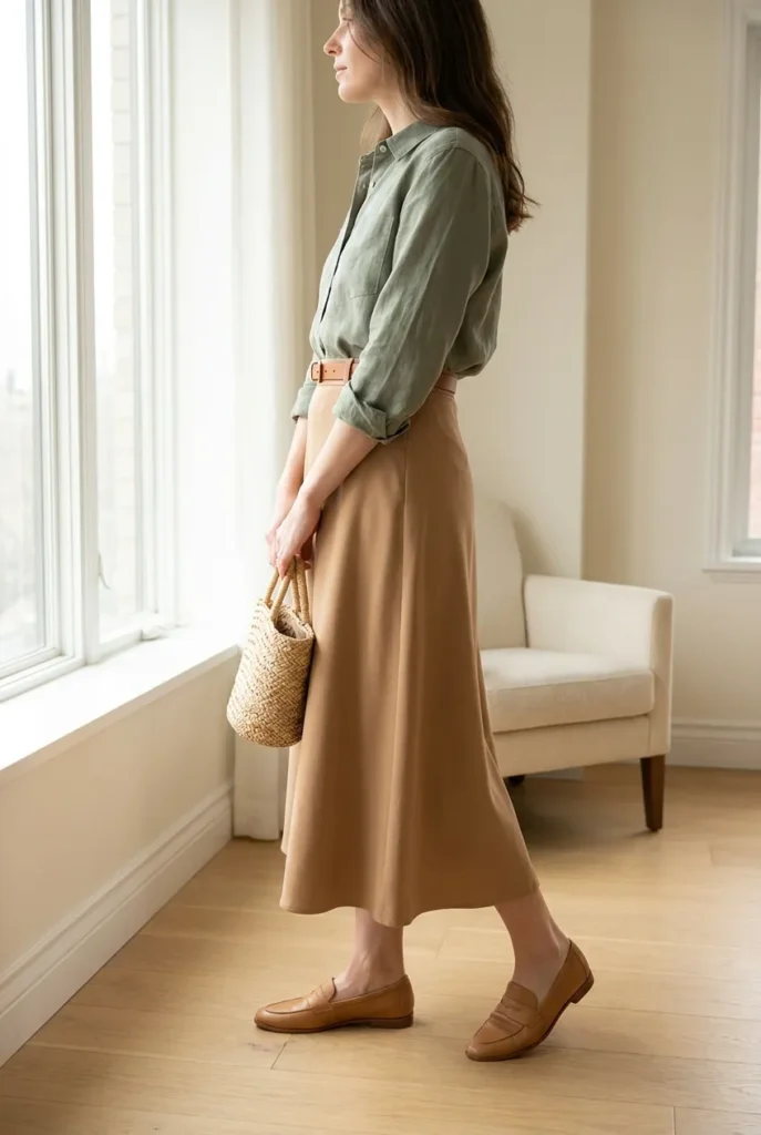 Sage linen button-down tucked into camel midi skirt, smart casual summer work outfit women office