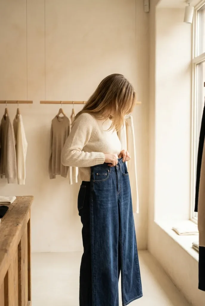 Shopping for hourglass body type clothes — woman checking jeans fit at natural waist in boutique