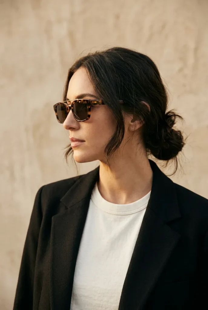 Side profile shot of woman in rectangular tortoise sunglasses, ideal frames for round face.