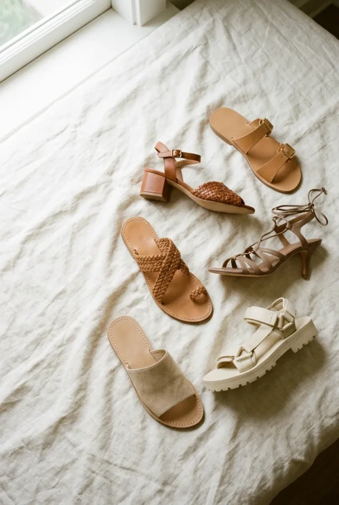 Six best sandals for capsule wardrobe 2026 flat lay on ivory linen surface