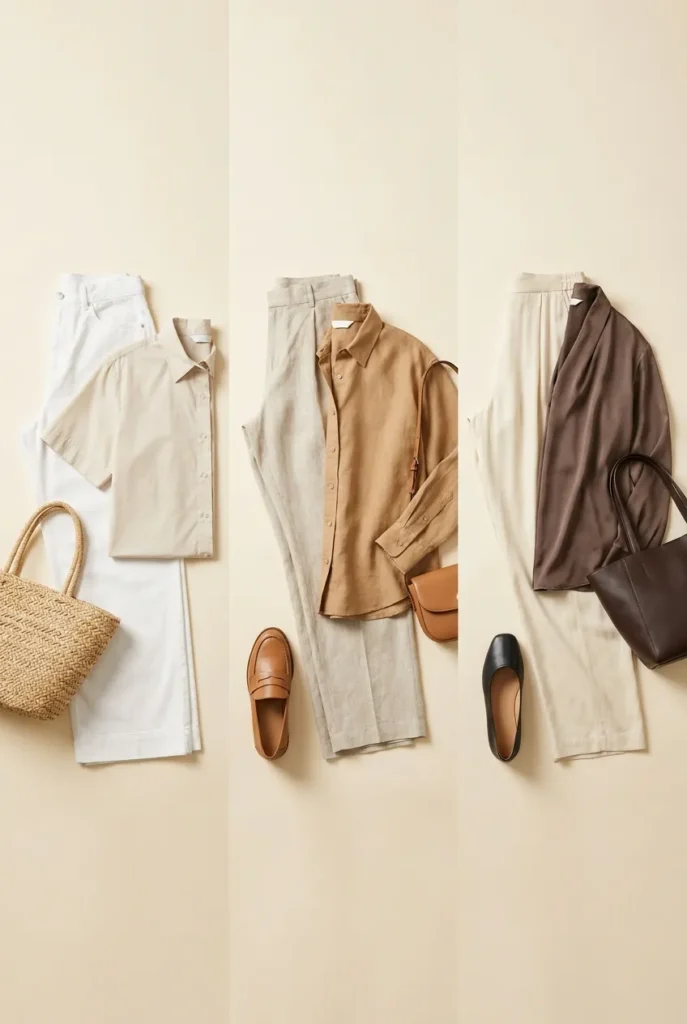 Smart casual summer work capsule budget tier comparison flat lay, mass mid contemporary price range women