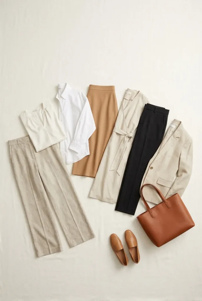 Smart casual summer work capsule wardrobe flat lay, 7 pieces in neutral palette on ivory linen