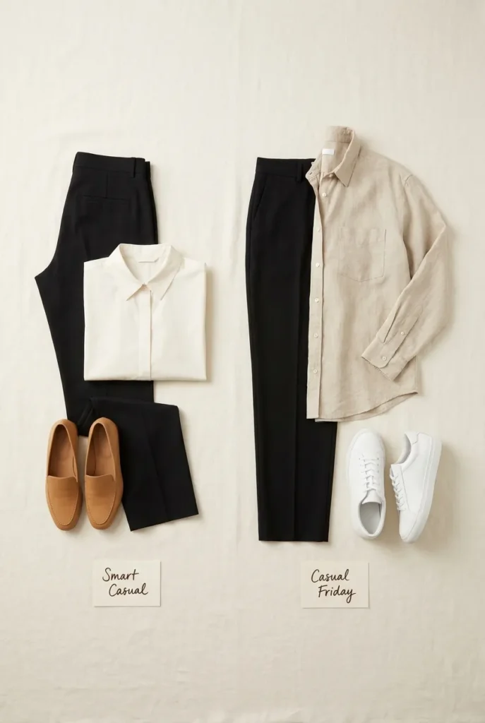Smart casual vs casual Friday summer work outfit comparison flat lay, neutral palette, office women