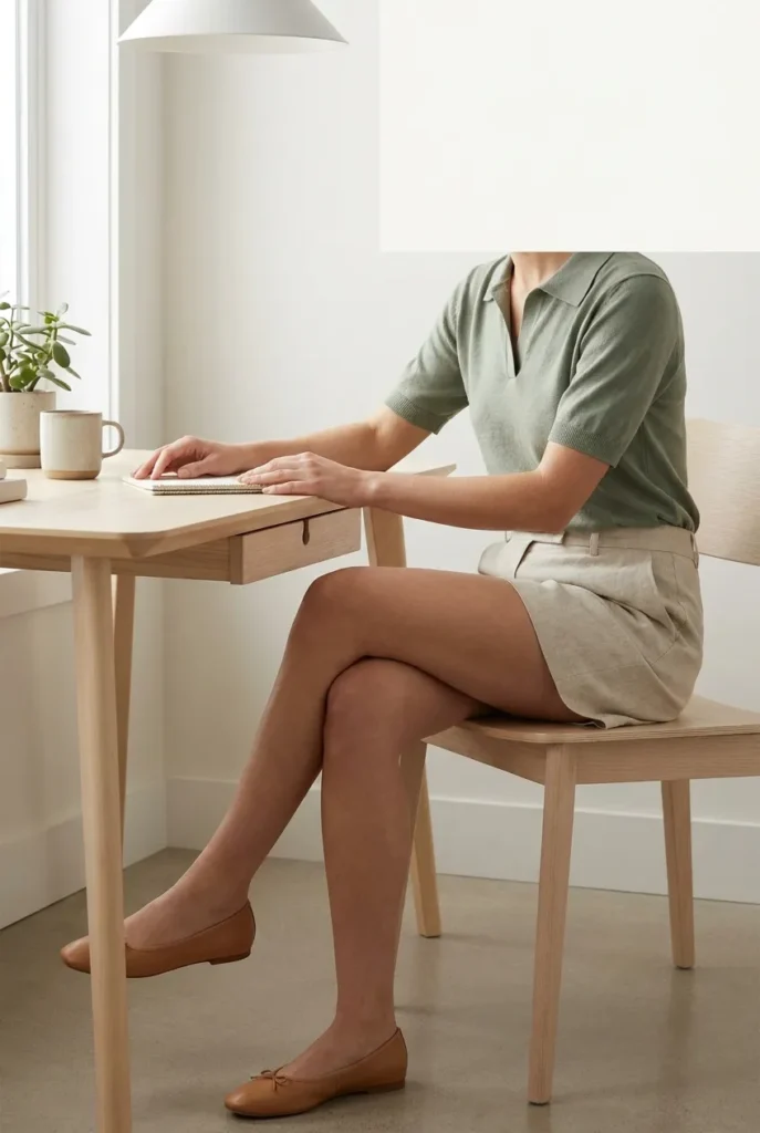Smart casual work from home summer outfit, sage polo with tailored linen shorts.