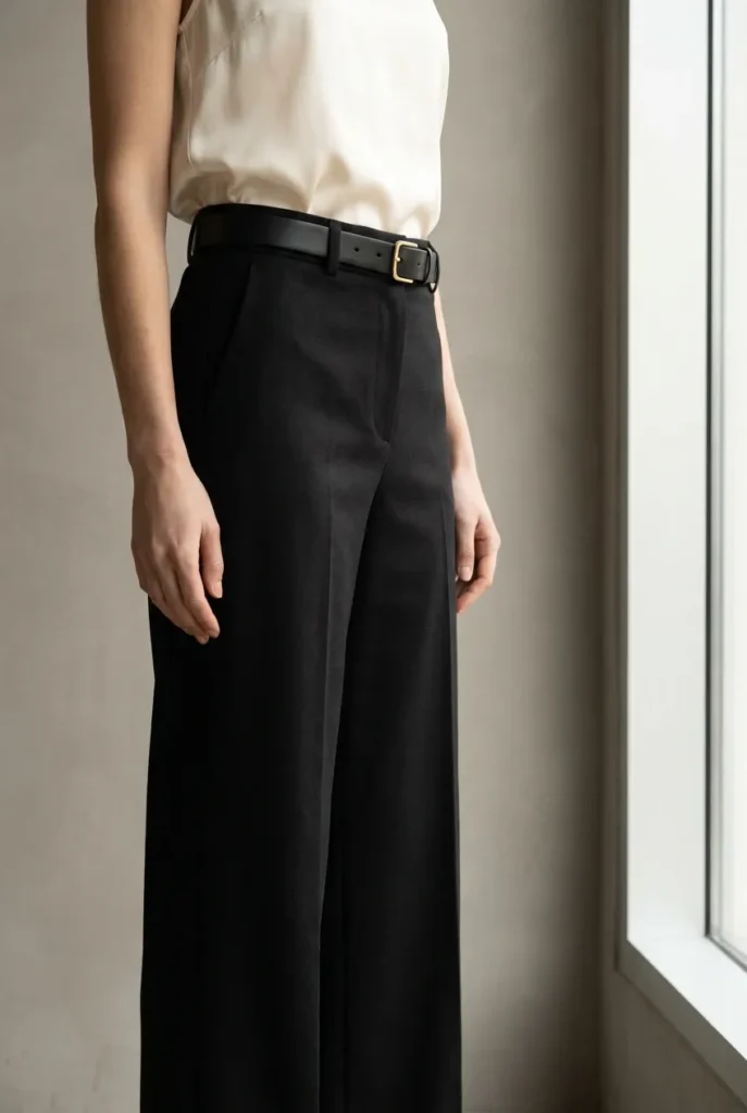 Soft black leather belt styled with tailored wide-leg trousers and a cream silk shell.