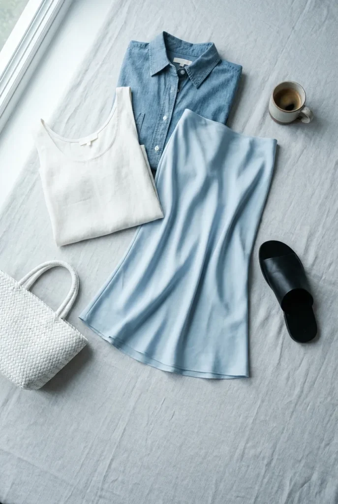 Soft coastal summer capsule wardrobe color palette flat-lay in ivory, sky blue, chambray, and soft black.