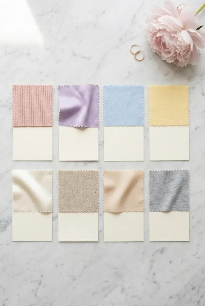 Soft girl aesthetic color palette swatches in pastel blush, lavender, ivory, oat, and champagne tones for capsule wardrobe planning