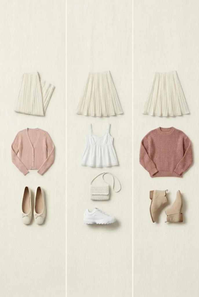 Soft girl aesthetic outfit formula, 1-1-1 soft girl stack triptych with ivory midi skirt styled three ways in blush, oat, and dusty rose