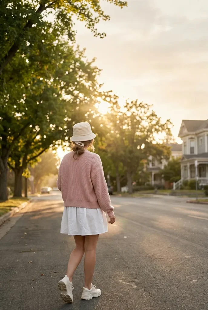 Soft girl aesthetic outfit idea, blush cardigan over white babydoll dress with pearl clip and ivory sneakers on tree-lined street