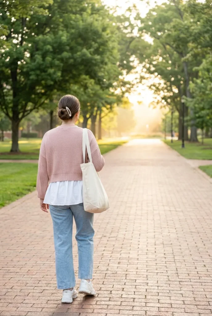 Soft girl aesthetic outfits for school, blush cardigan and light blue wide-leg jeans with ivory canvas tote on a sunlit campus path