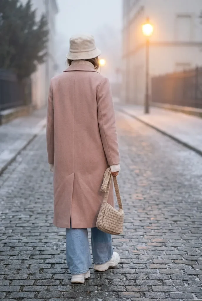 Soft girl aesthetic winter outfit, blush wool coat and ivory turtleneck with light blue wide-leg jeans and cream bucket hat on cobblestone