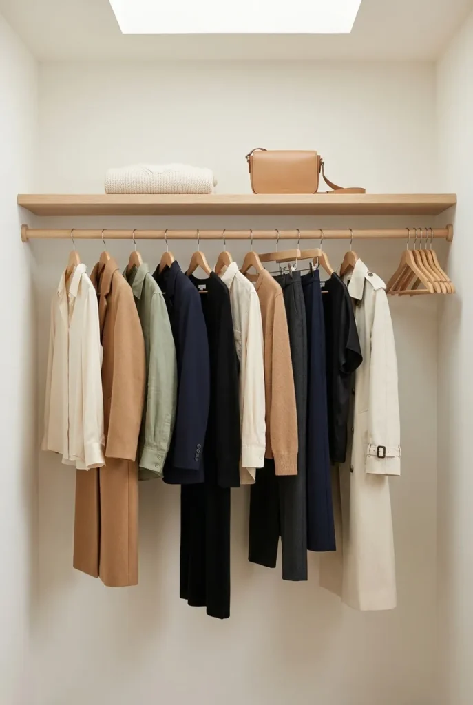 Sparse neutral capsule closet with empty hanger space showing a maintained wardrobe count.