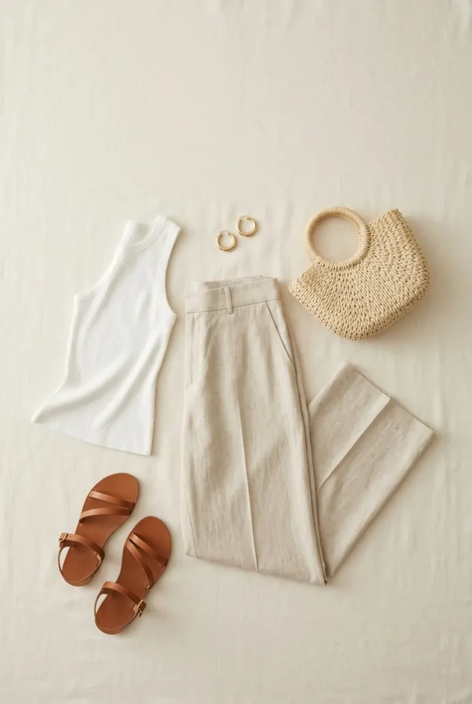 Summer capsule flat lay with wide-leg linen trousers, white ribbed tank, cognac sandals, and woven straw tote