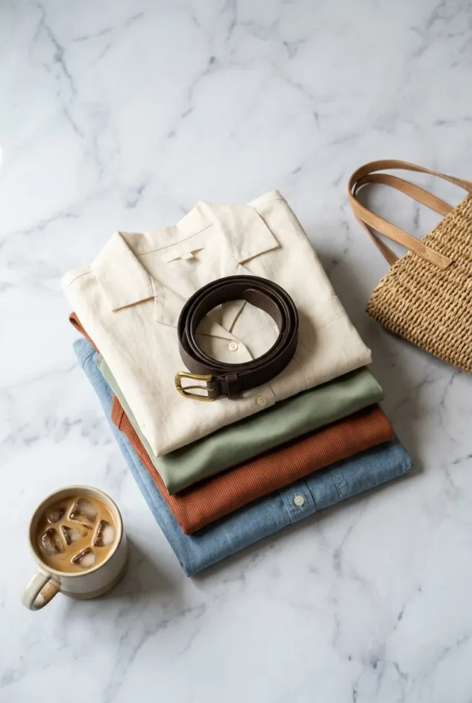 Summer capsule wardrobe color palette pieces stacked on marble with woven tote and iced coffee.