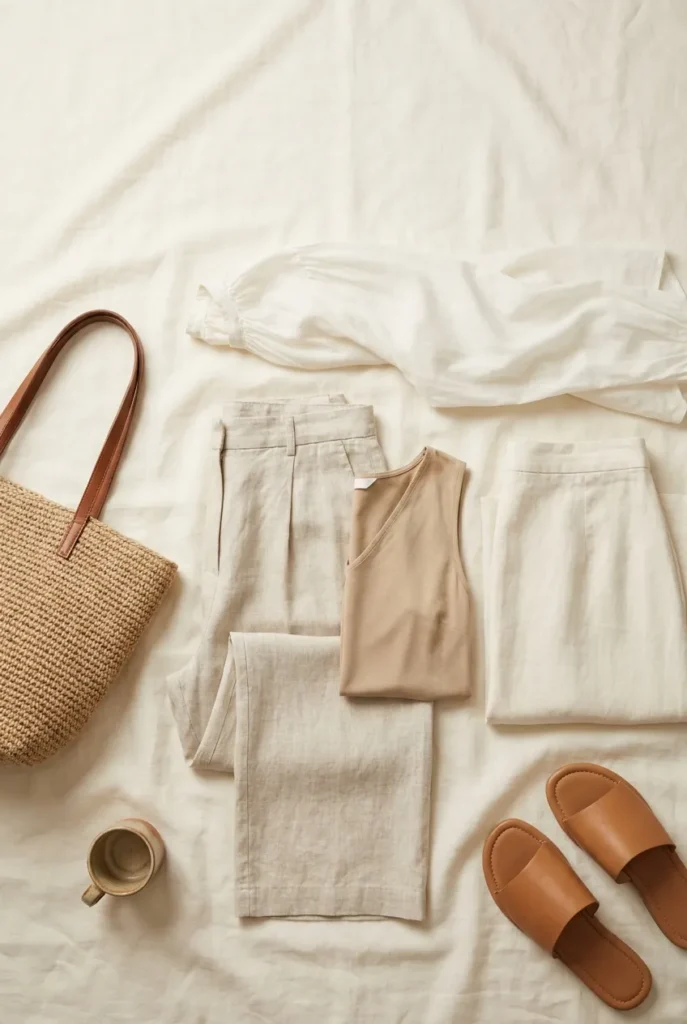 Summer capsule wardrobe flat lay with linen trousers Tencel shell and voile blouse for cool hot weather outfits
