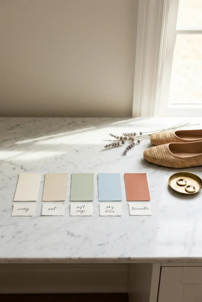 Summer color palette swatches in ivory, oat, sage, sky blue, and terracotta with raffia flats and gold hoops.