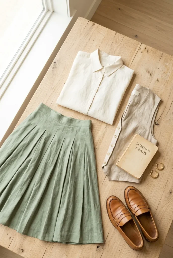Summer dark academia outfit flat lay with linen shirt, oat vest, sage skirt, and tan loafers