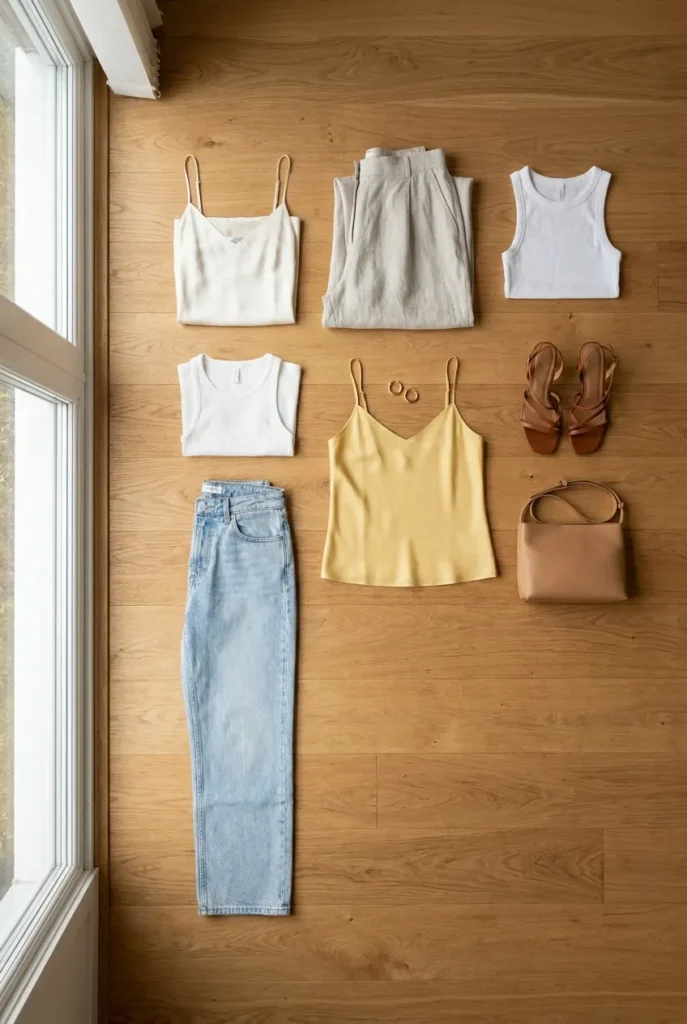Summer date night capsule wardrobe flat lay with slip dress, linen pants, and cognac heels