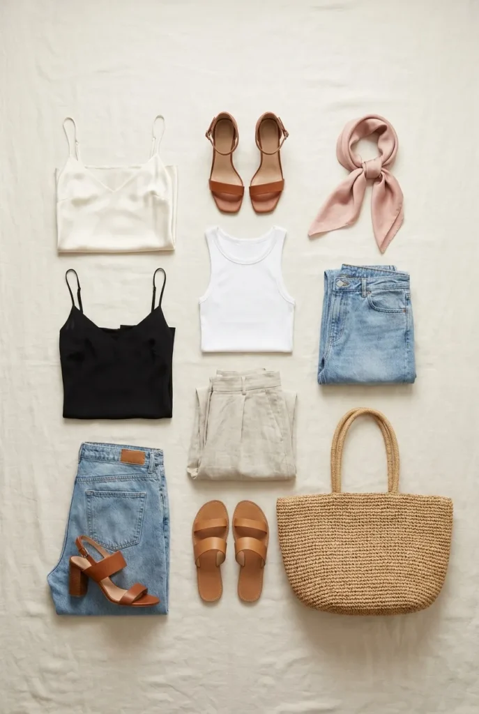 Summer date night capsule wardrobe pieces flat lay in neutral palette