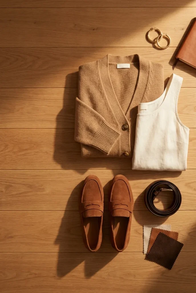 Summer to fall capsule palette transition flat-lay with camel cardigan, ivory tank, cognac loafers, and espresso belt.