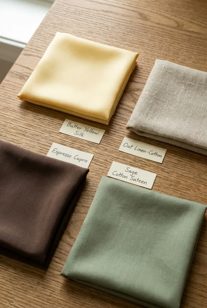Summer wedding guest fabric swatches in silk, linen cotton, cupro and cotton sateen on oak.