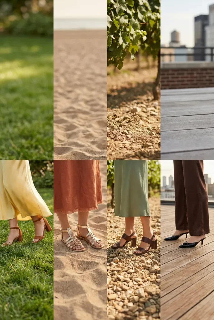 Summer wedding guest shoes by venue, block heels for garden, flat sandals for beach, kitten heels for rooftop.