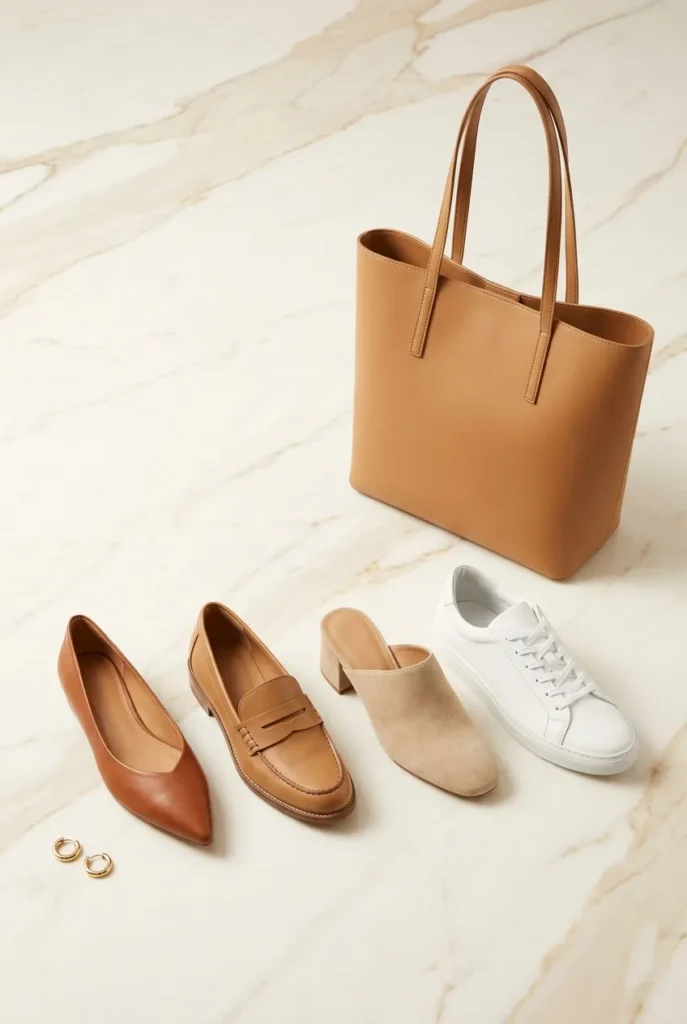 Summer work outfit shoe options flat lay, ballet flat loafer block heel mule white leather sneaker capsule wardrobe