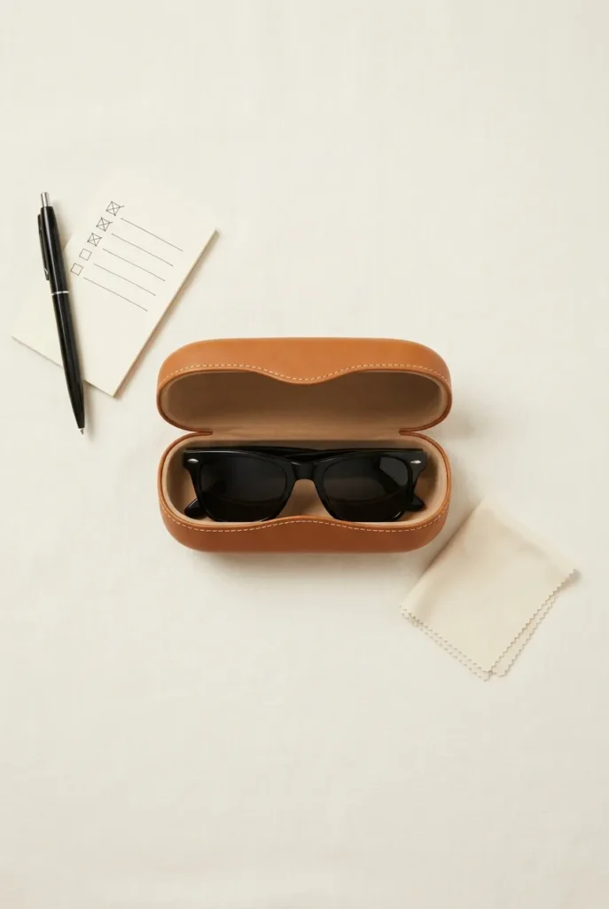 Sunglasses case and lens cloth flat lay representing the capsule wardrobe buying checklist.