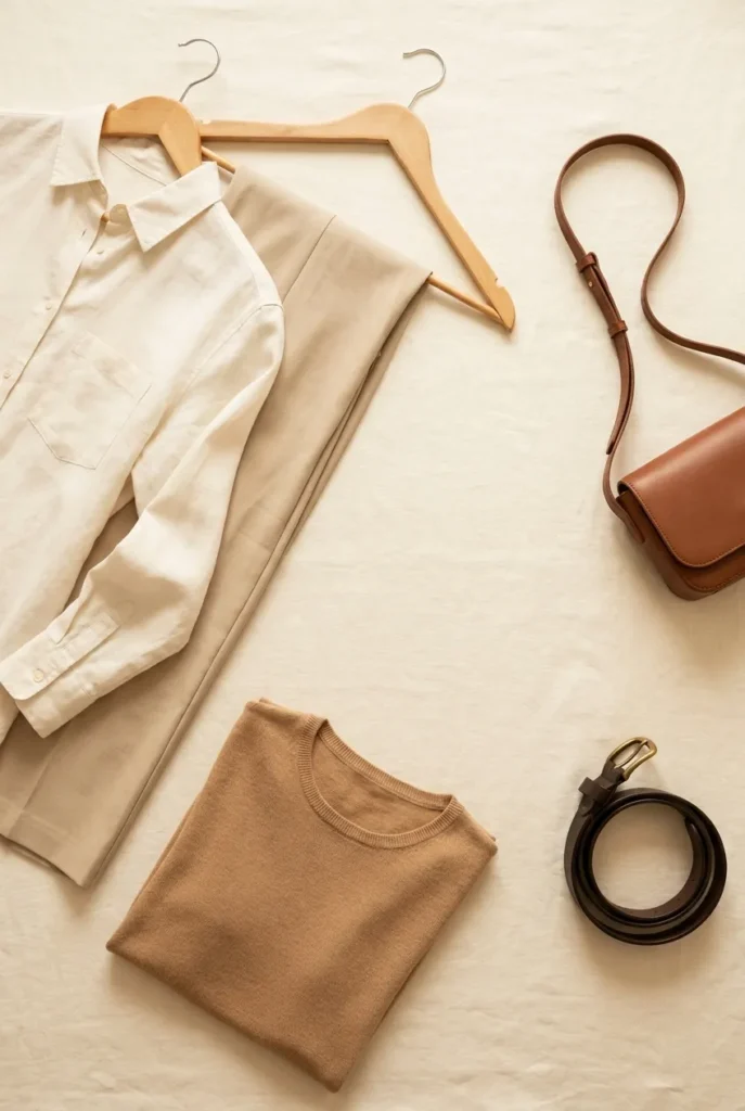 Sunwashed neutral summer capsule palette flat-lay in ivory, oat, camel, espresso, and cognac.
