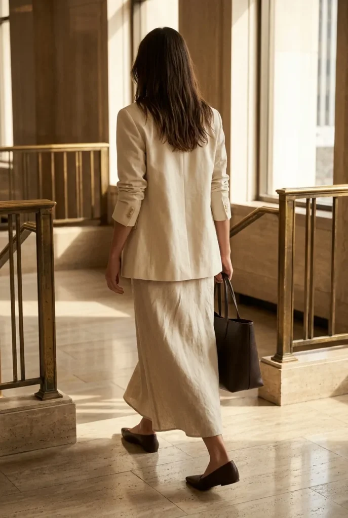 Tailored oat blazer with linen maxi skirt outfit and pointed espresso flats for office wear.