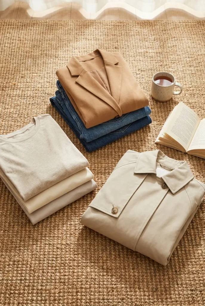 Tall capsule shopping edit grouped by price tier on a jute rug with tees, denim, blazer, and trench.